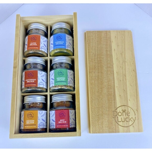 NEW BBQ SPICE Meat Rub  DONE LUCKY * Gift Set  * in Premium Wooden Box Set of 6 - Picture 5 of 9